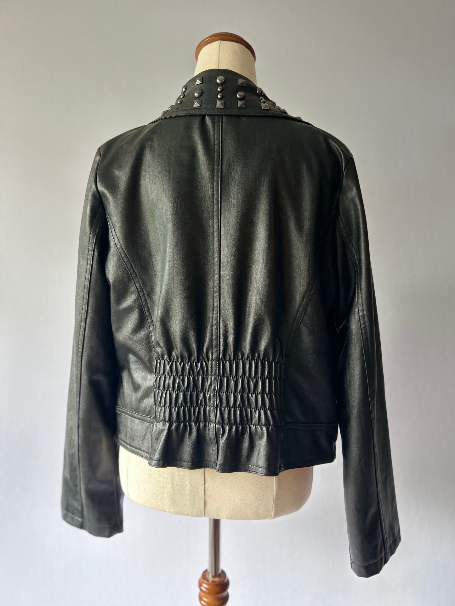 Studded Faux Leather Biker Jacket - Black - Size 12