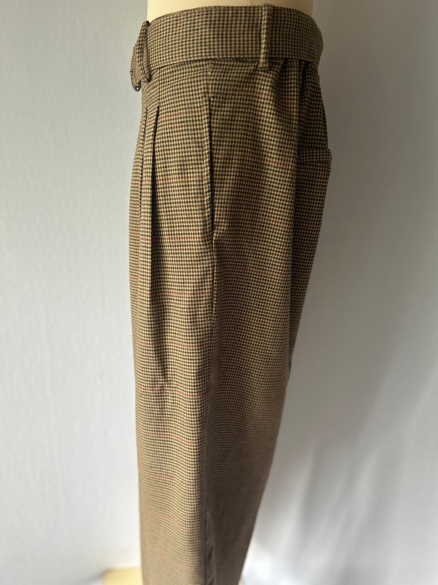 Brown Gingham Check Wide-Leg Belted Trousers - Size M
