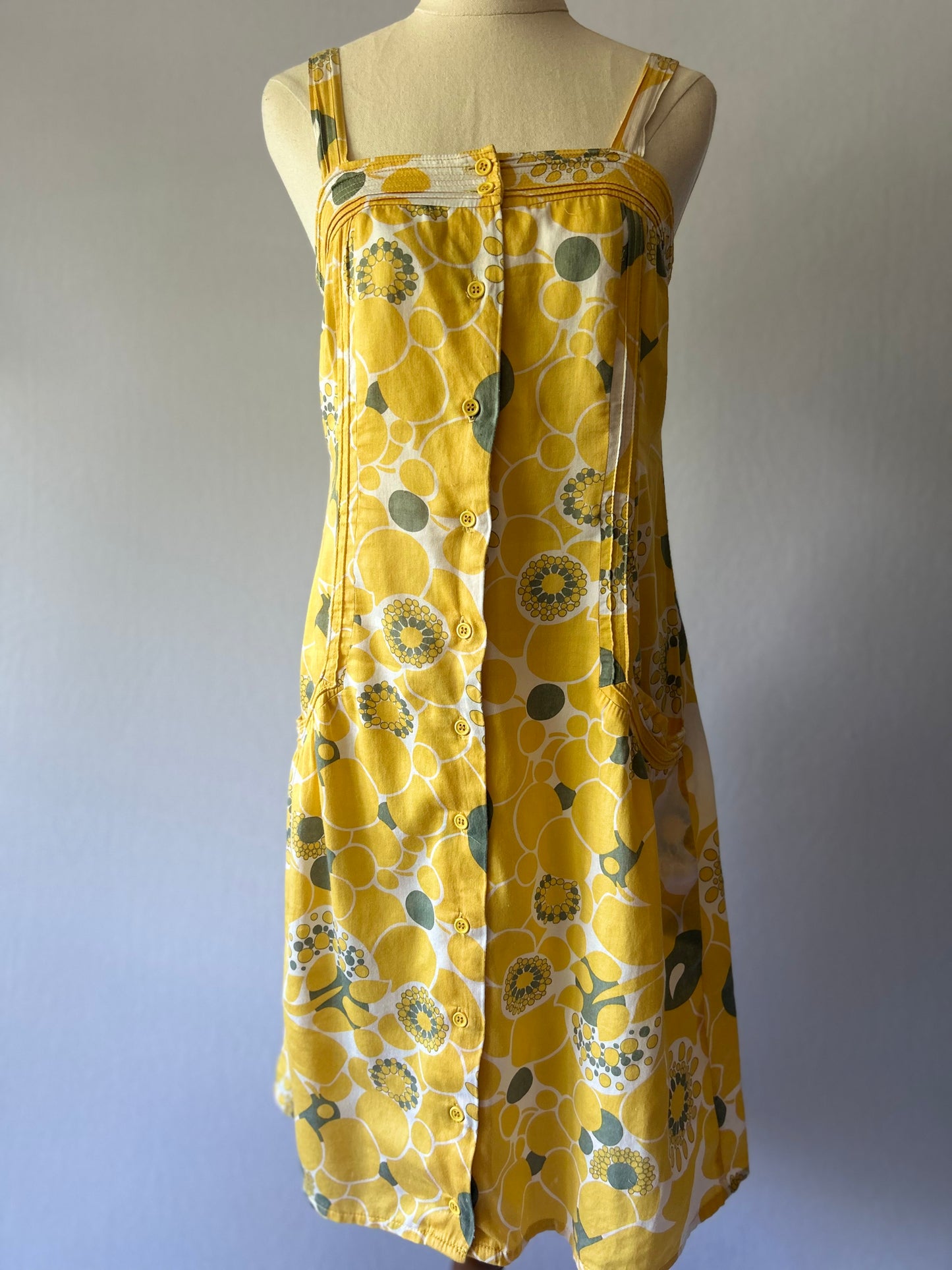 Size Small | Mod Yellow Floral Cotton Sundress | Button Front A-Line Dress