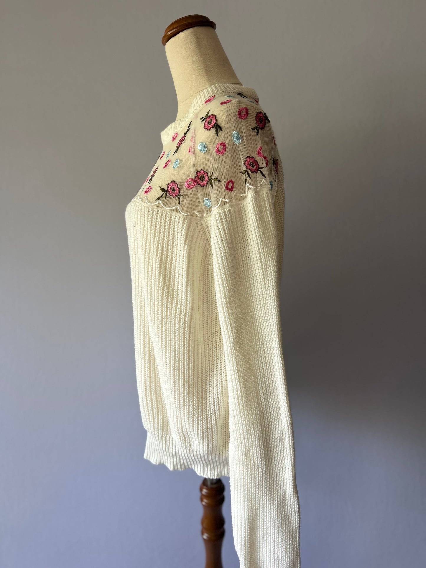 Floral Embroidered Mesh Yoke Knit Sweater - Size L (Acrylic)