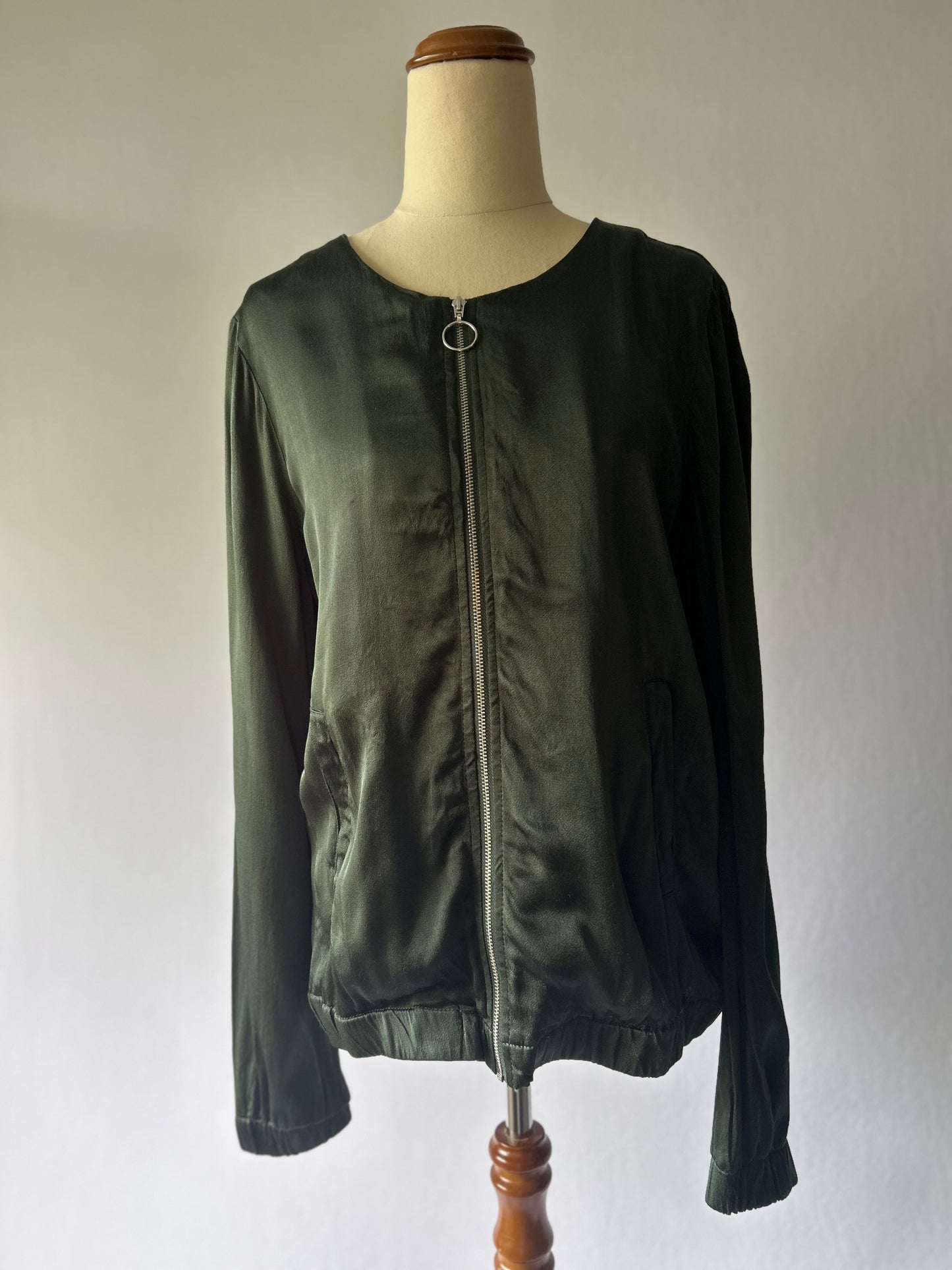 Forest Green Viscose Satin Bomber Jacket - Size 12