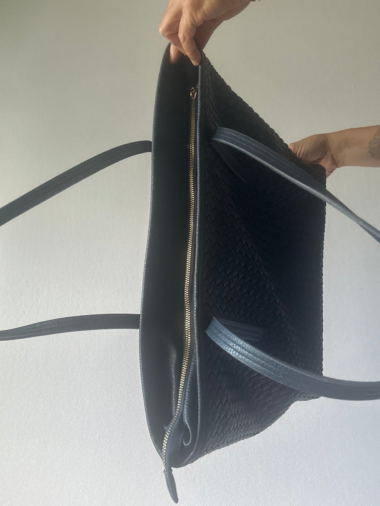 Navy Woven Faux Leather Large Tote Bag - Size Large