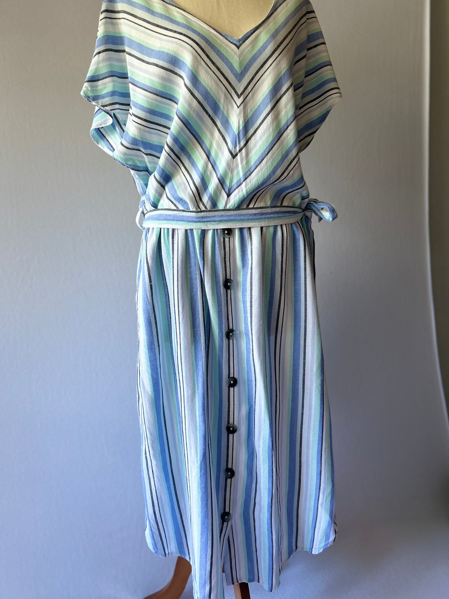 Size 16 | Linen Blend Striped Maxi Dress | Blue Green V-Neck Summer Dress