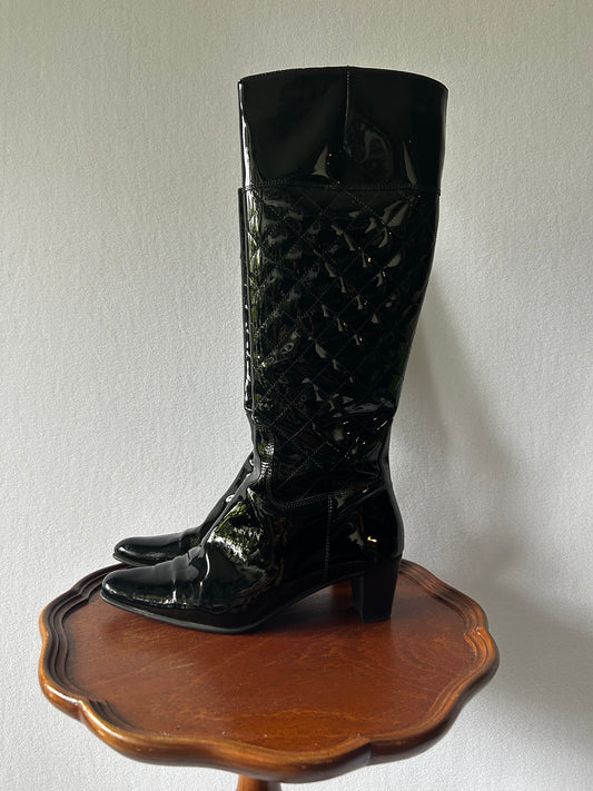 Italian-Made Quilted Patent Vinyl Knee-High Boots - Size 36