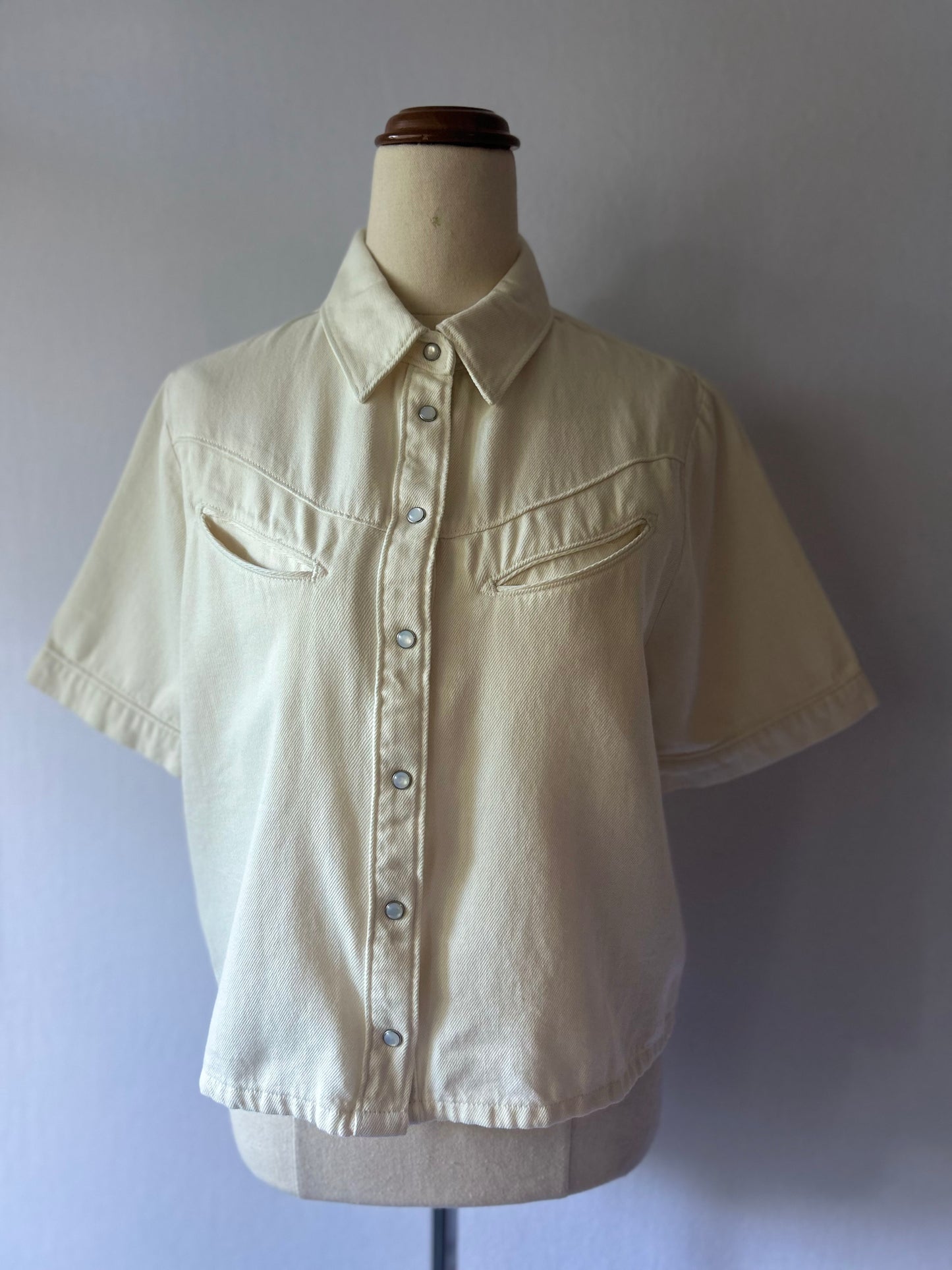 Ecru Cotton Denim Western Snap Shirt - Size Small