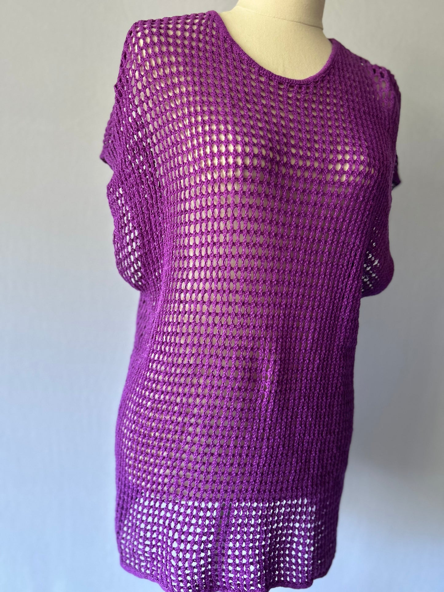 Purple Linen Crochet Top | Size Small | Sheer Mesh Knit