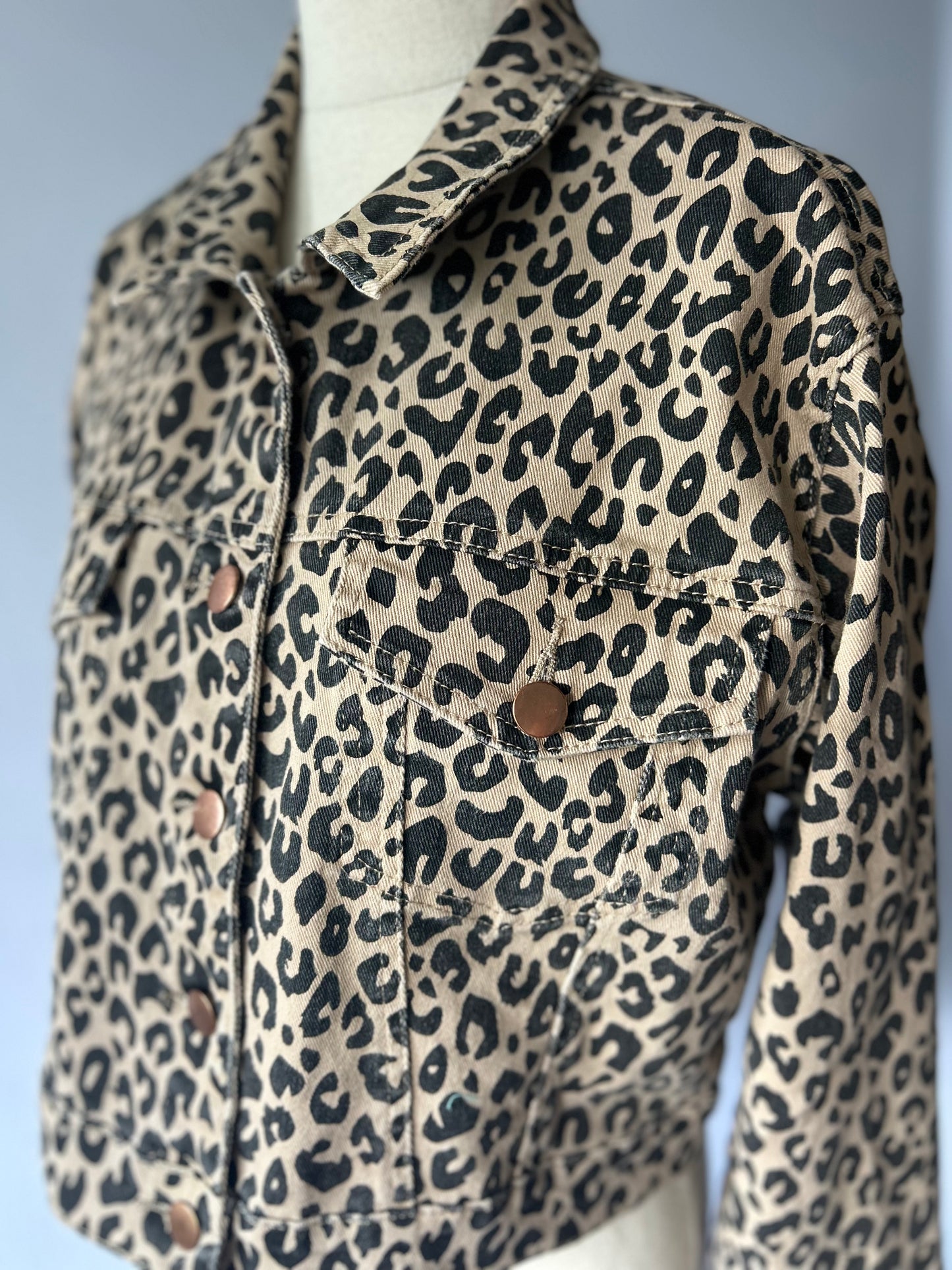 Cropped Leopard Print Denim Jacket - Size 10