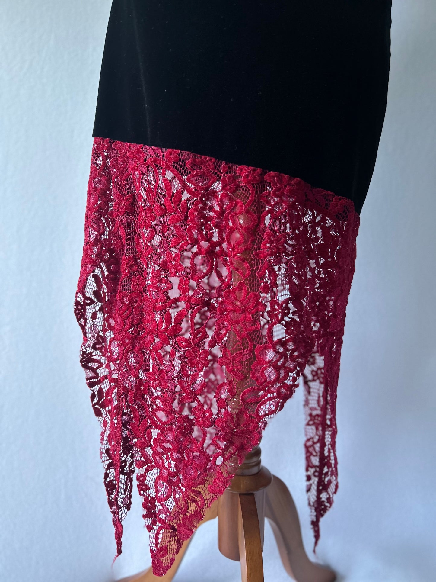 Velvet & Lace Asymmetric Midi Dress - Black & Burgundy - Size M