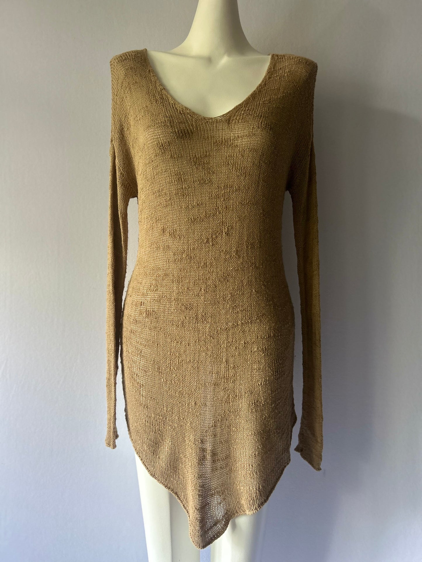 Earthy Ochre Textured Knit Longline Top - Size S