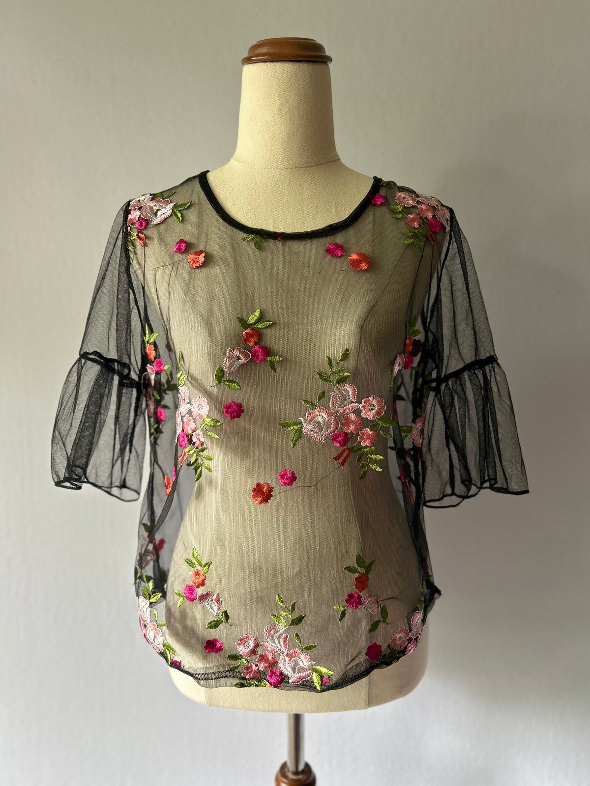 Black Floral Embroidered Mesh Top – Size S/M