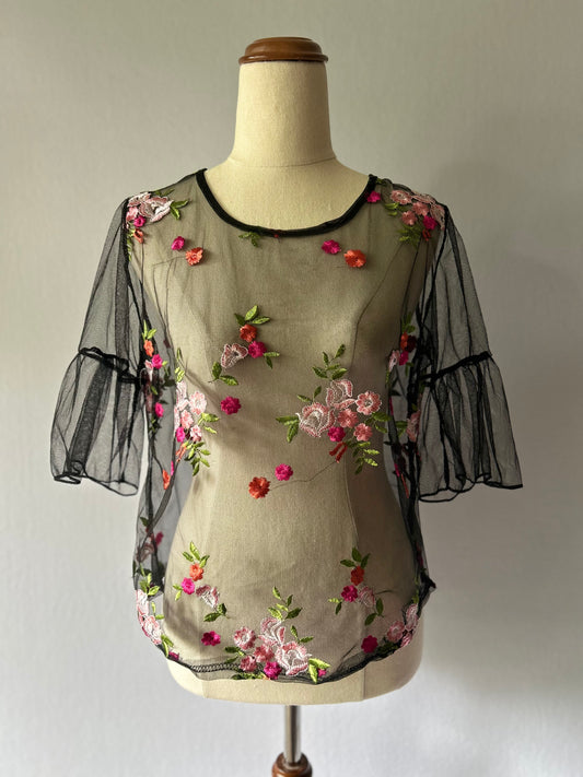 Black Floral Embroidered Mesh Top – Size S/M