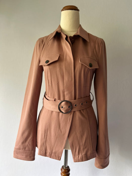Elegant Dusty Rose Belted Safari Jacket – Size 6