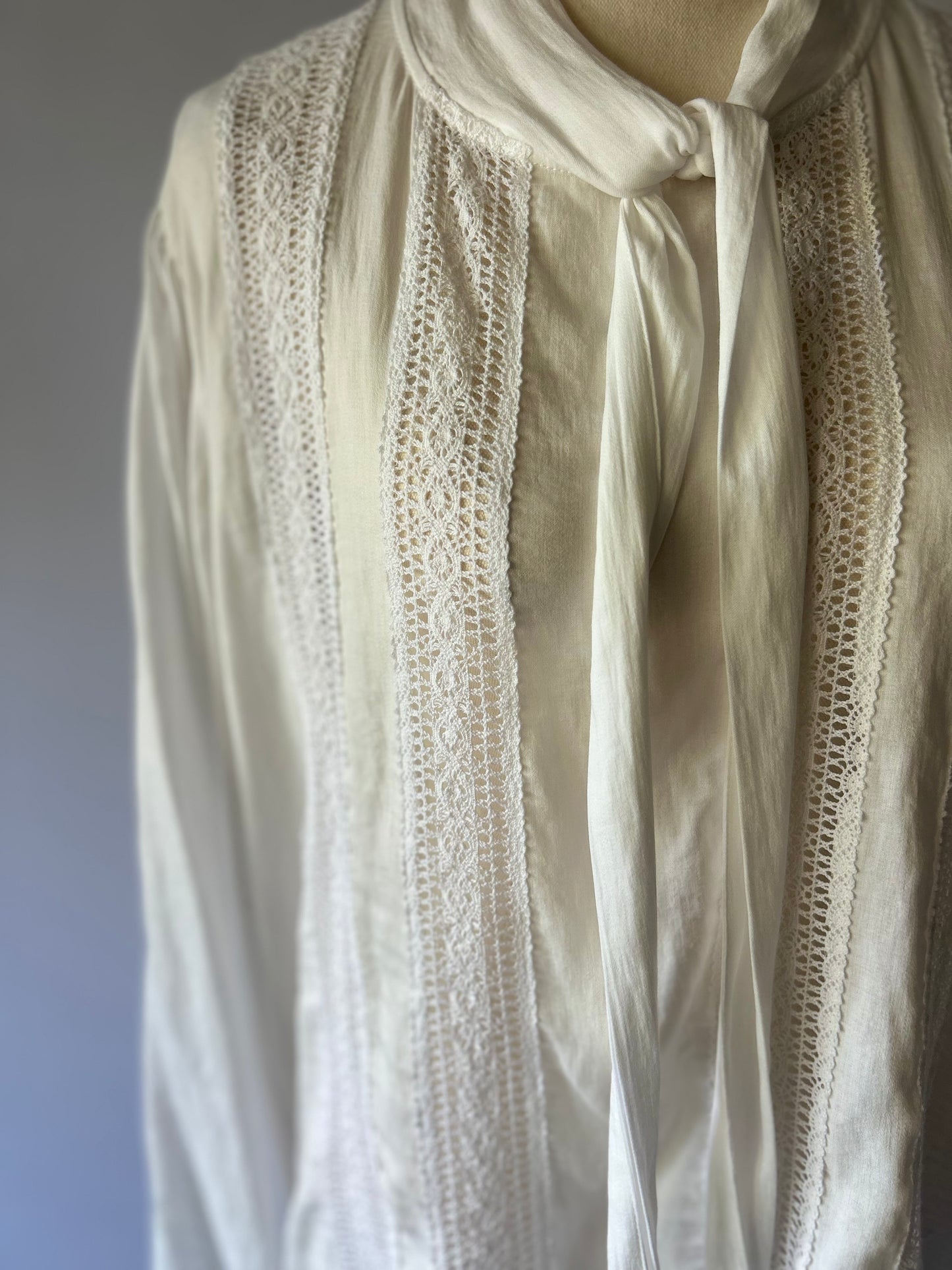 Zara Romantic Lace Insert Tie-Neck Blouse - White - Size L