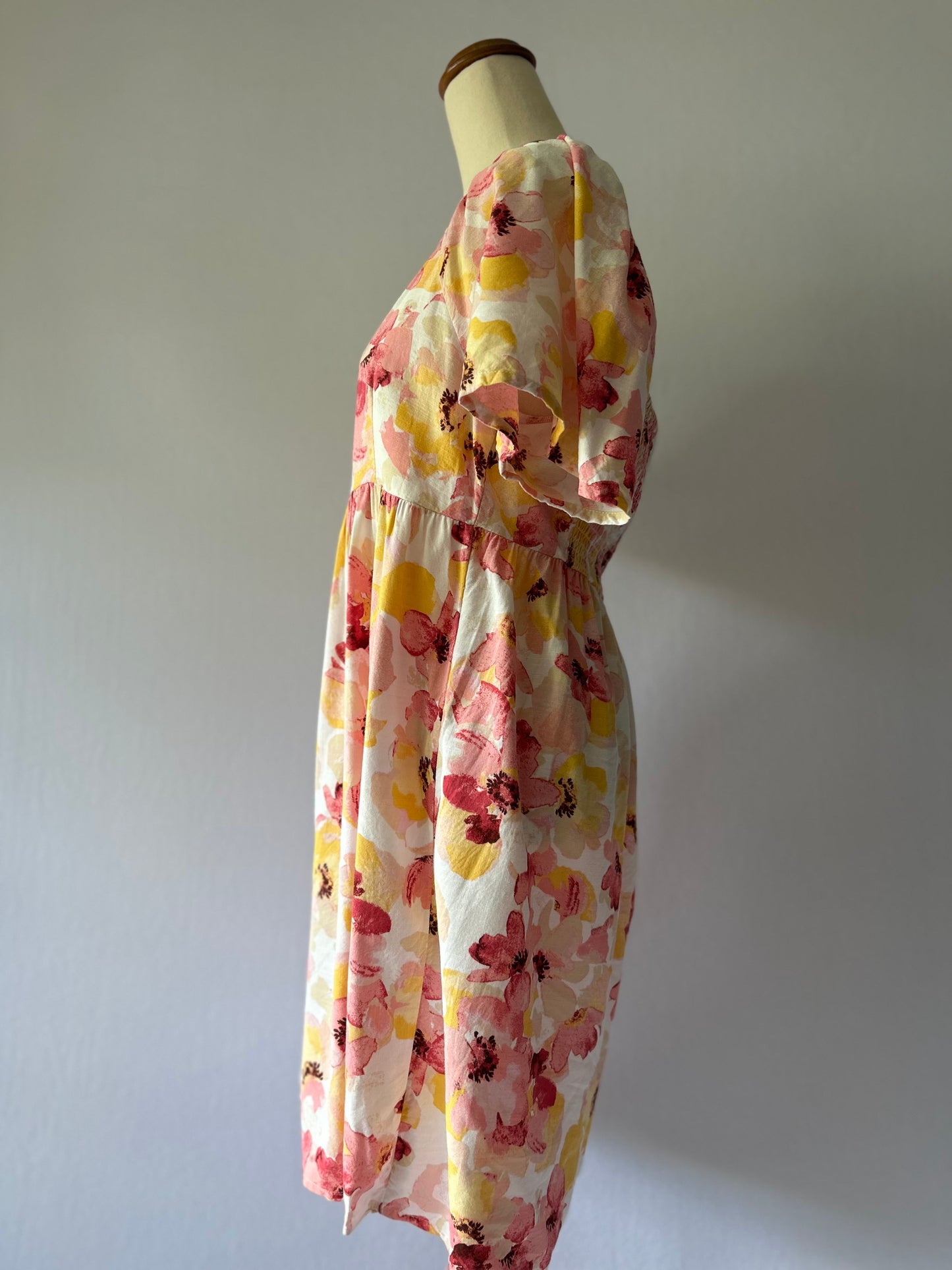 Size 12 | Flowy Floral Cotton Babydoll Dress | Pink Yellow Square Neck