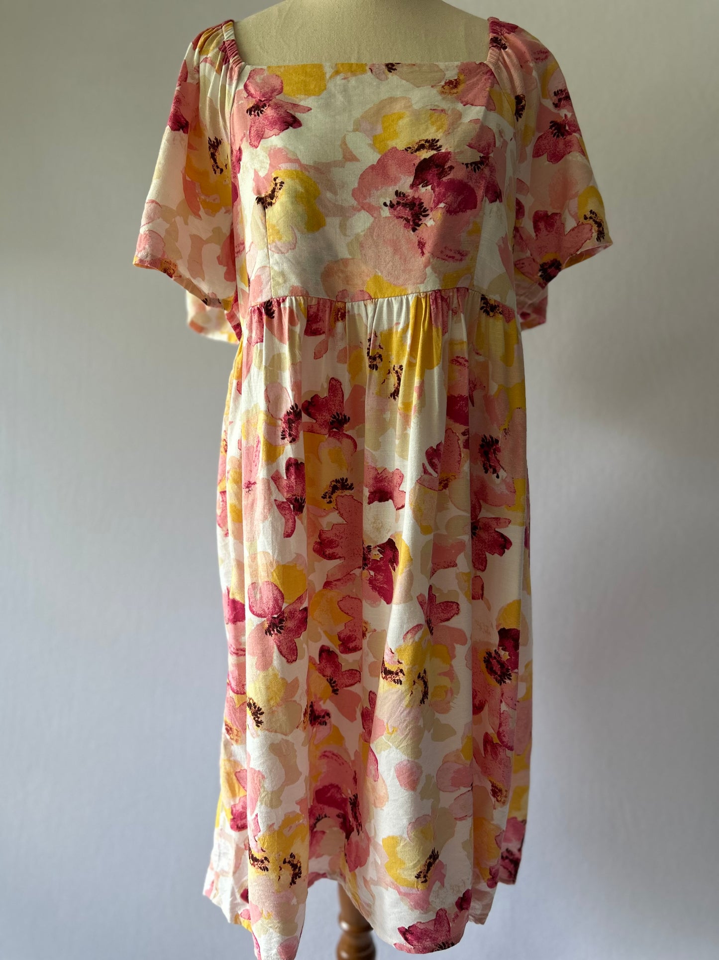 Size 12 | Flowy Floral Cotton Babydoll Dress | Pink Yellow Square Neck