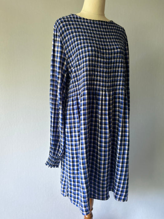 Blue Gingham Check Smocked Back Dress - Size L