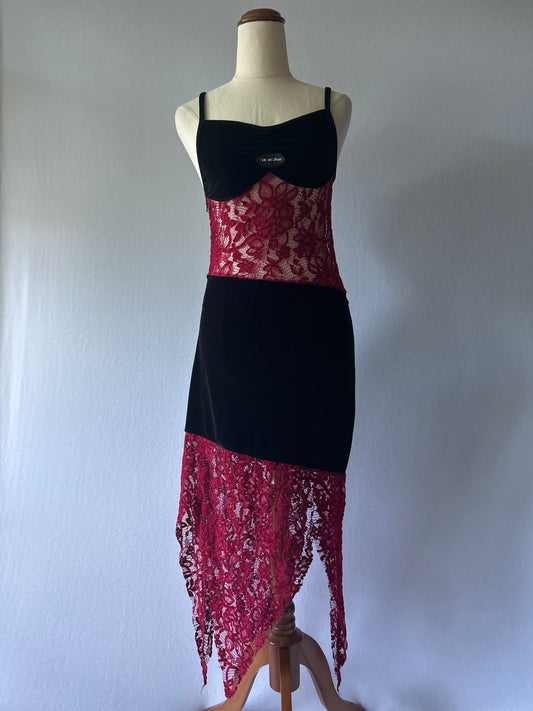 Velvet & Lace Asymmetric Midi Dress - Black & Burgundy - Size M
