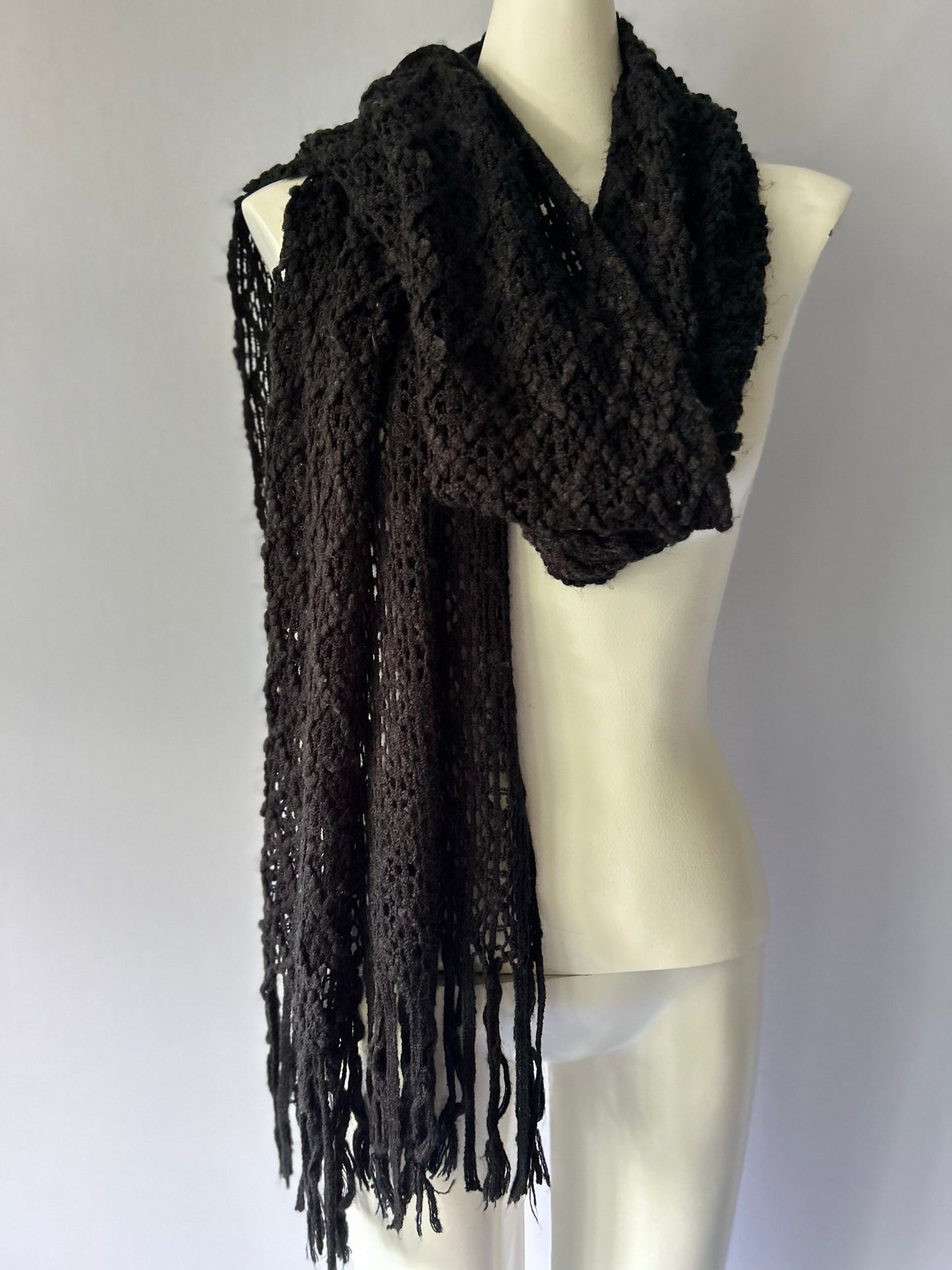 Black Open-Knit Textured Scarf with Fringed Edge - One Size
