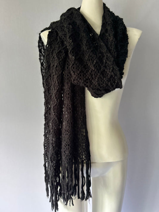 Black Open-Knit Textured Scarf with Fringed Edge - One Size