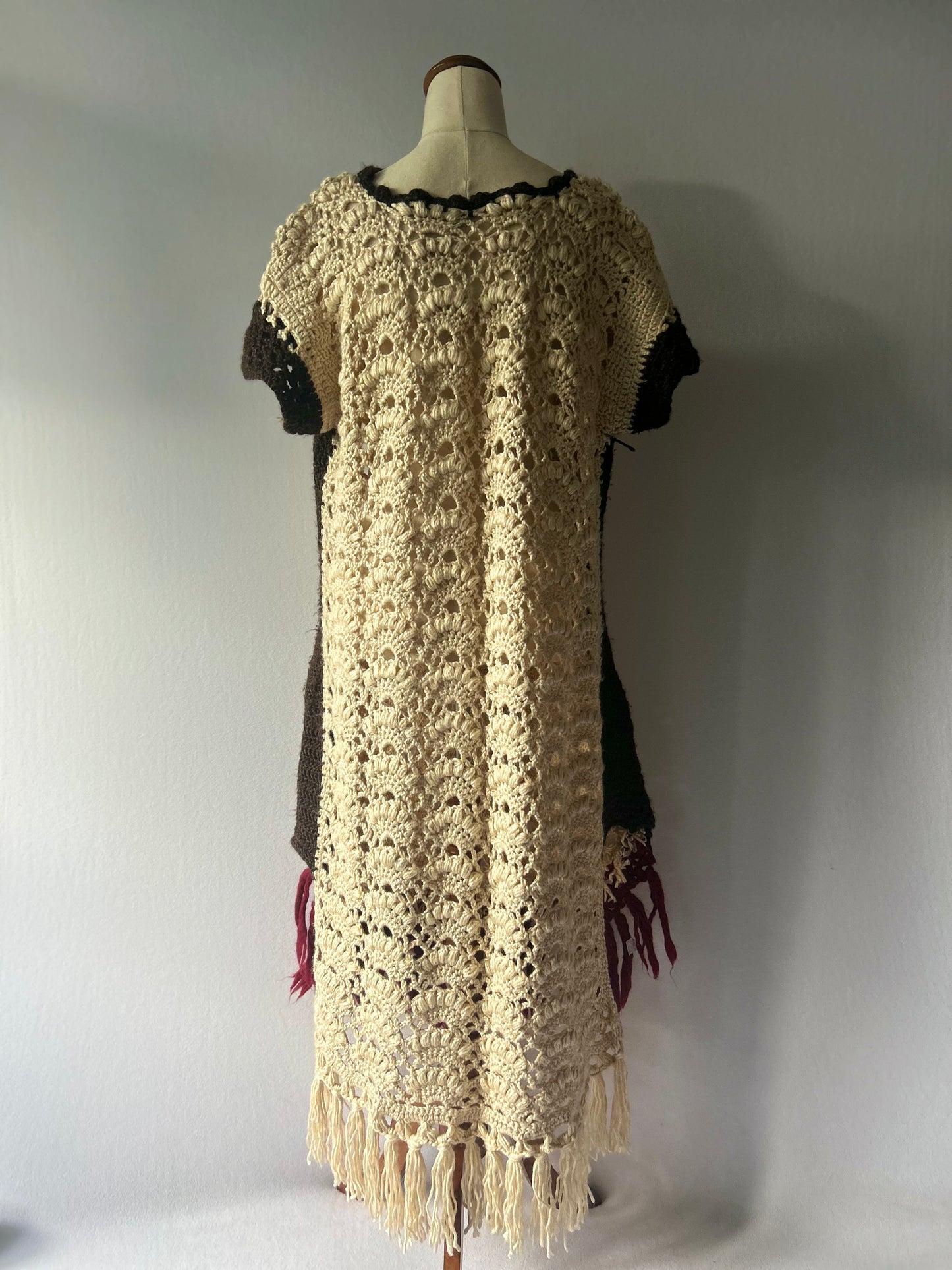 Artisanal Color-Block Crochet Fringed Poncho Tunic - One Size