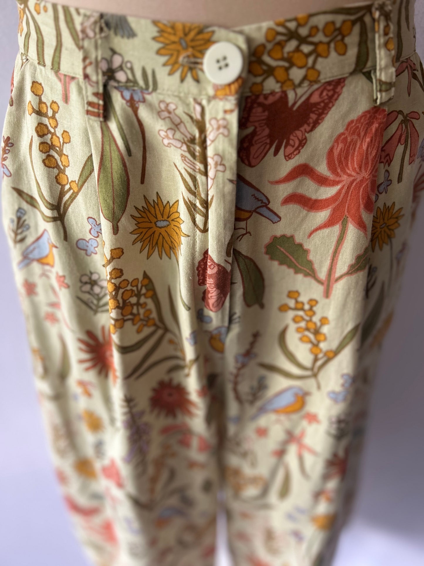 Princess Highway Floral & Bird Print Wide-Leg Linen Trousers - Size 10
