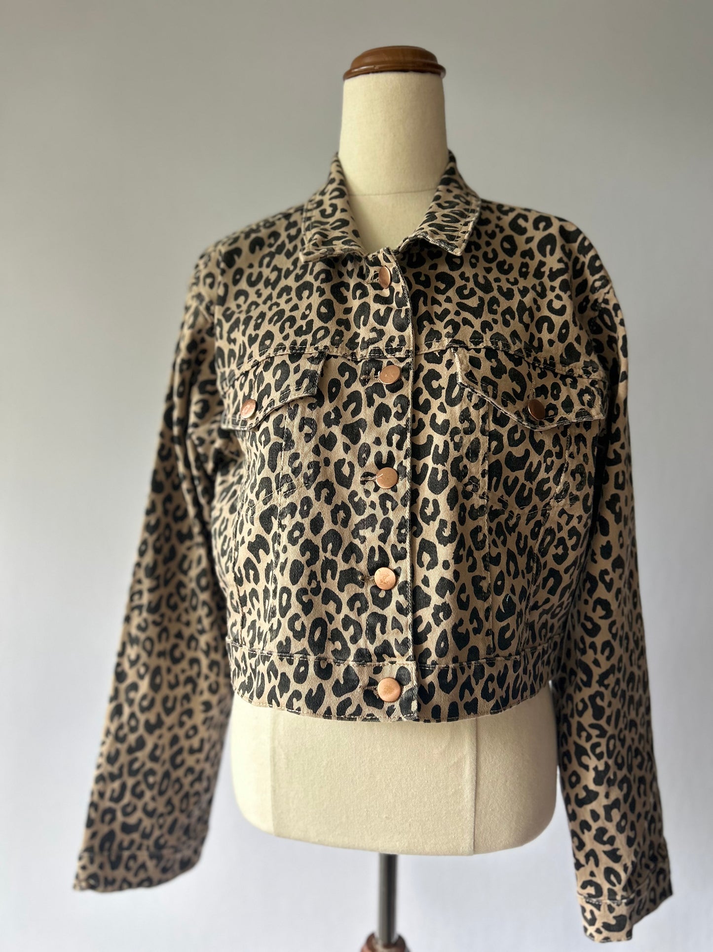 Cropped Leopard Print Denim Jacket - Size 10
