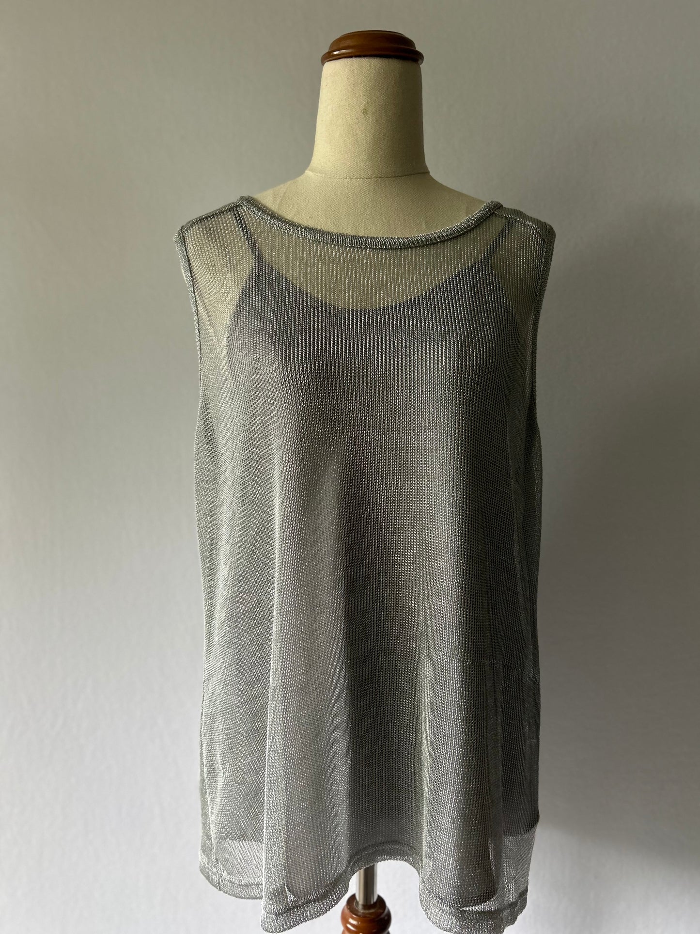 Storm Metallic Silver Sheer Mesh Tank Top - Size Small