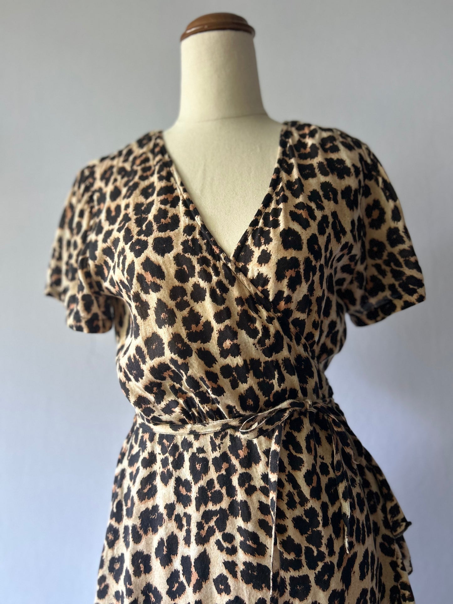 Romantic Leopard Print Wrap Dress with Ruffle Trim - Size S