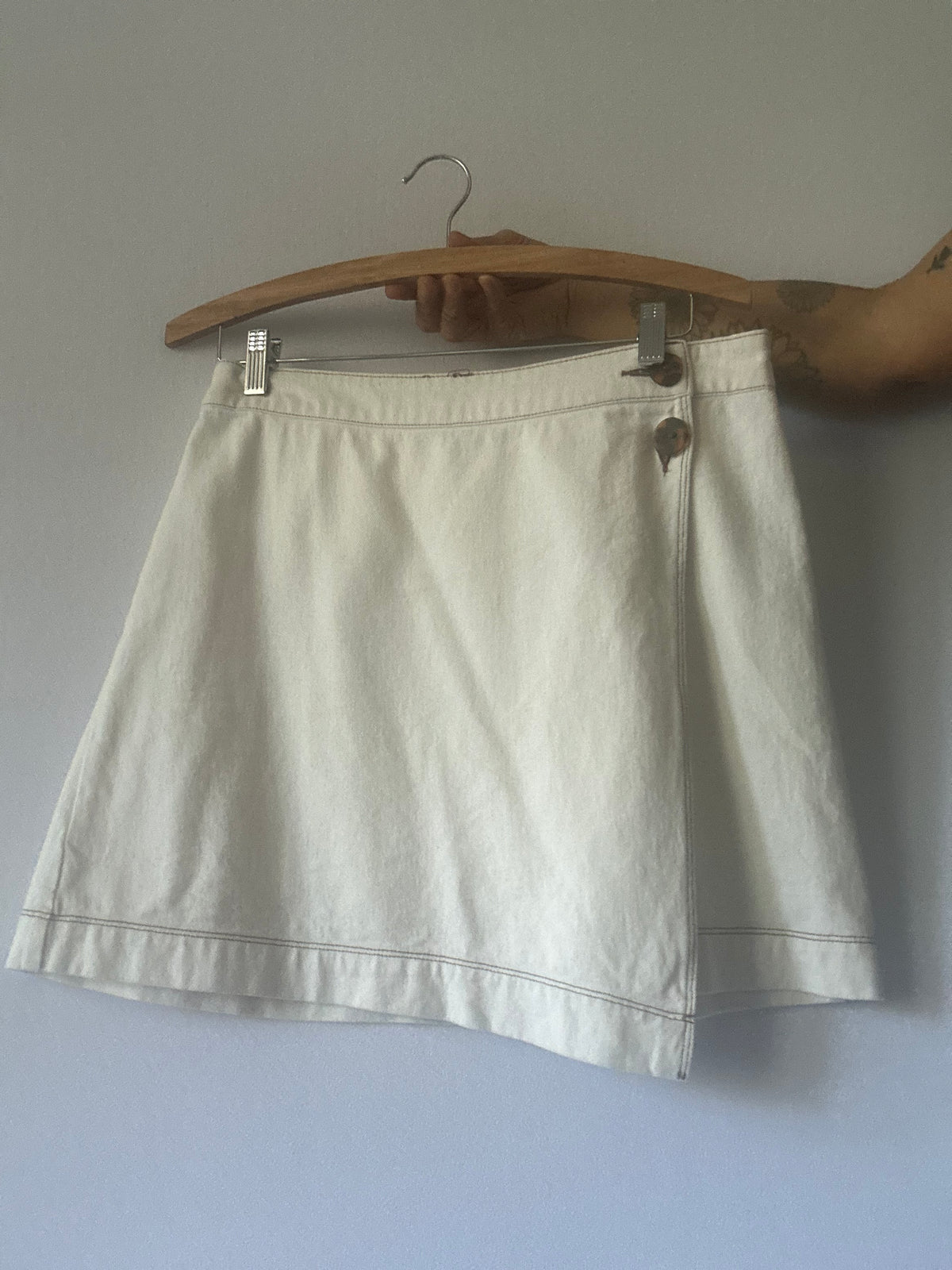 Off-White Denim Wrap Mini Skirt with Contrast Stitching - Size 12