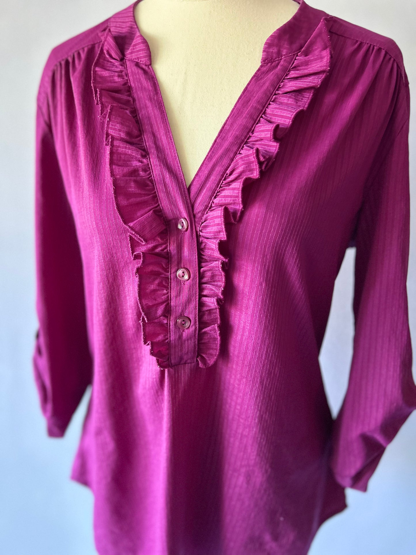 Ultra Violet Ruffle Blouse – Size 10 (Nylon Blend)