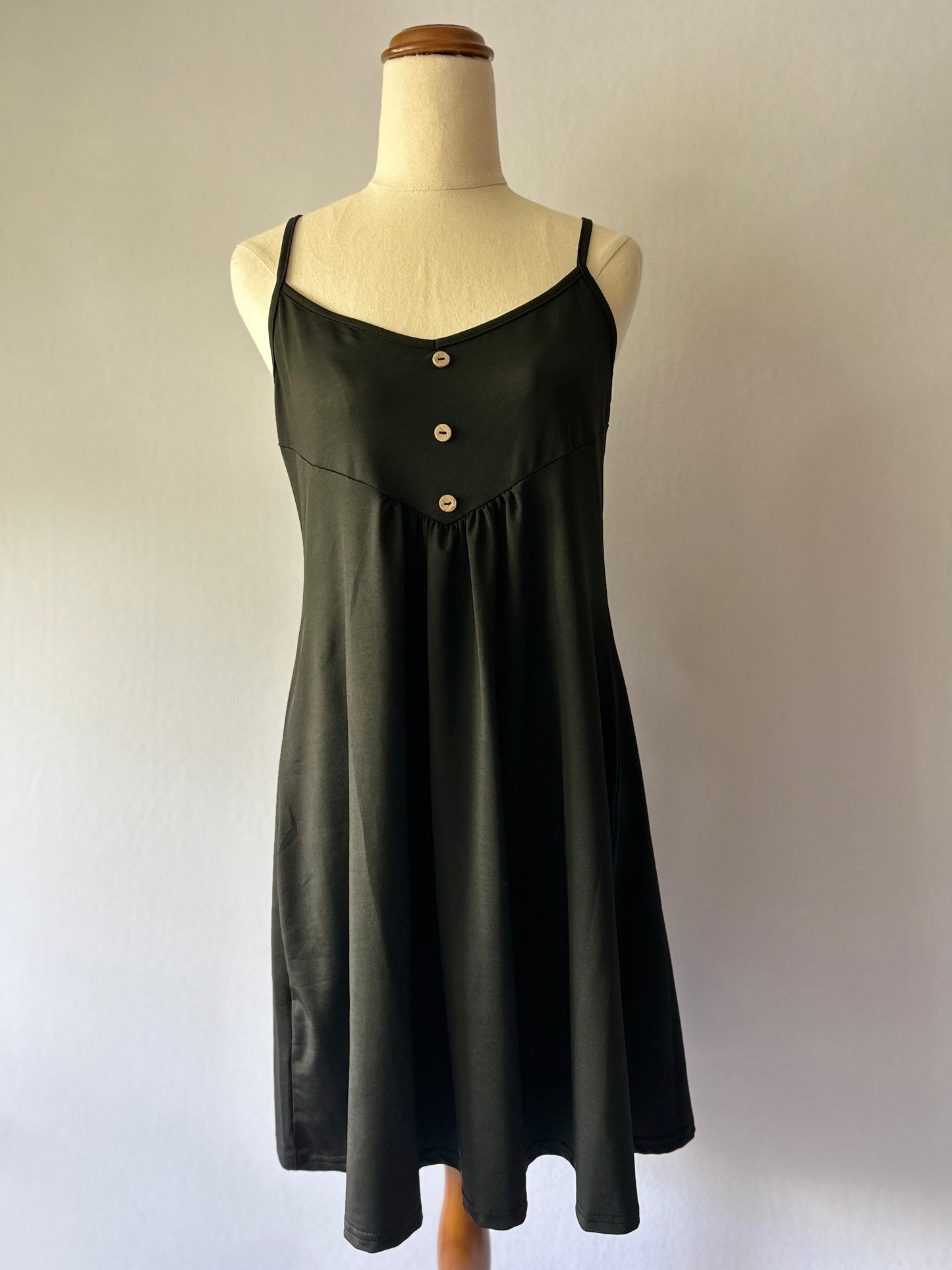 Black Mini Slip Dress - V-Neck with Wooden Buttons, size M