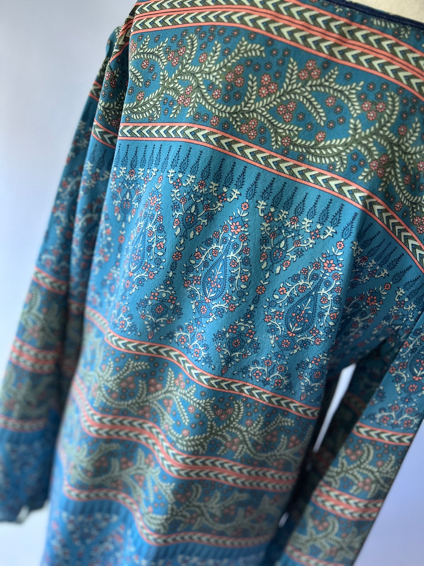 Bohemian Silk Tunic Dress – Blue Paisley Print, Size Small