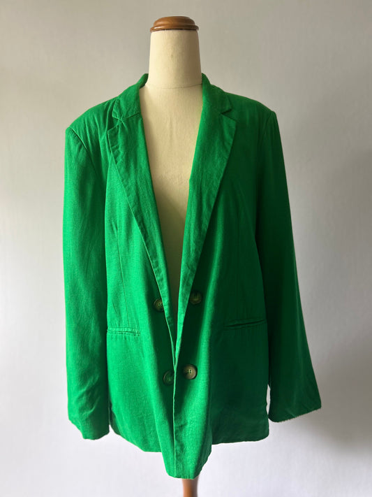 Relaxed Vibrant Emerald Green Linen Blend Double-Breasted Blazer - Size Large