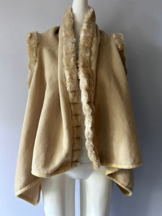 Faux Fur Trim Hooded Drape Vest - Sand - One Size
