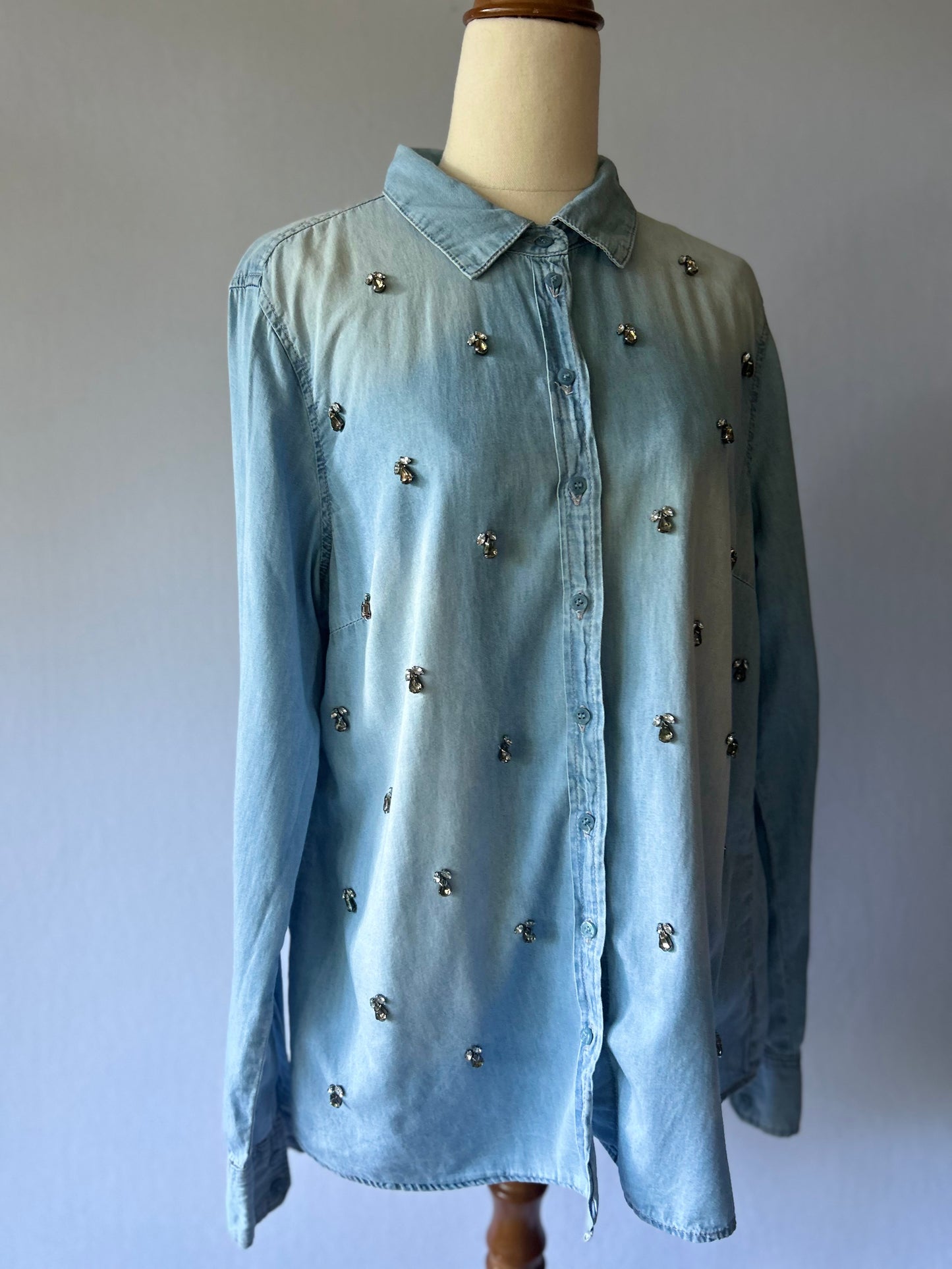 Embellished Ombré Denim Shirt - Light Wash Cotton - Size 12
