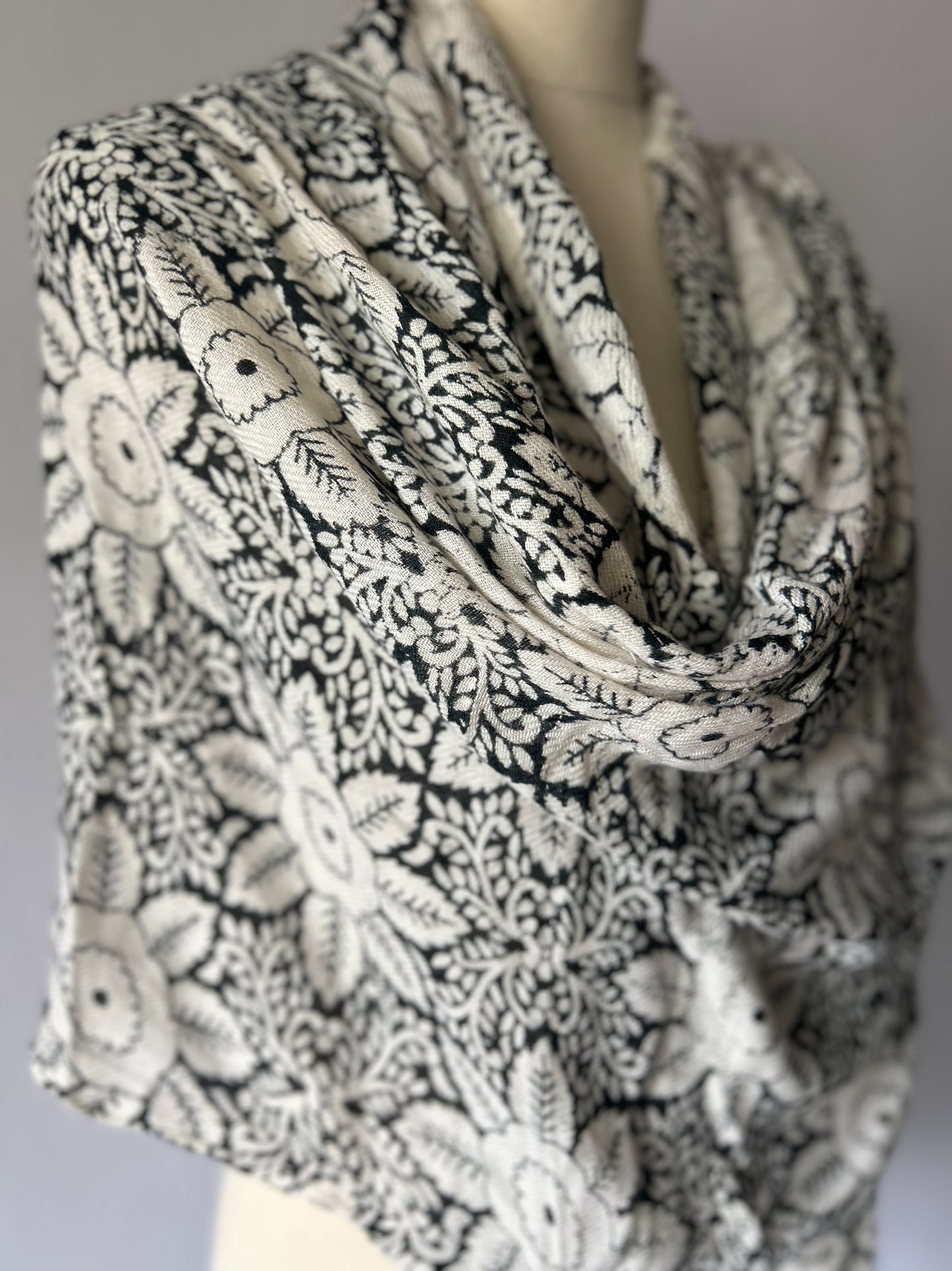 Black & Cream Floral Viscose Scarf