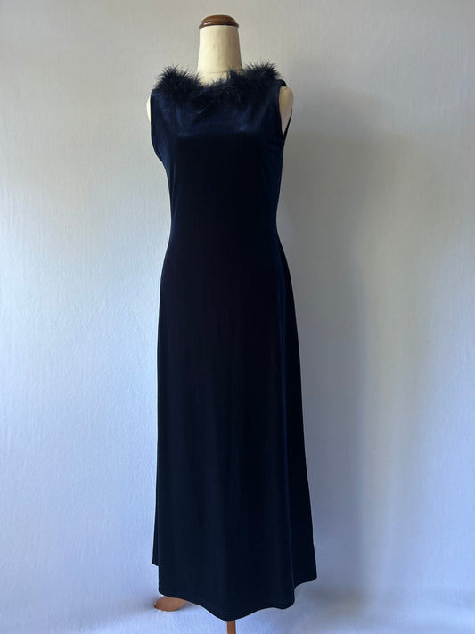 Vintage Glamour Navy Velvet Feather-Trim Maxi Dress - Size S