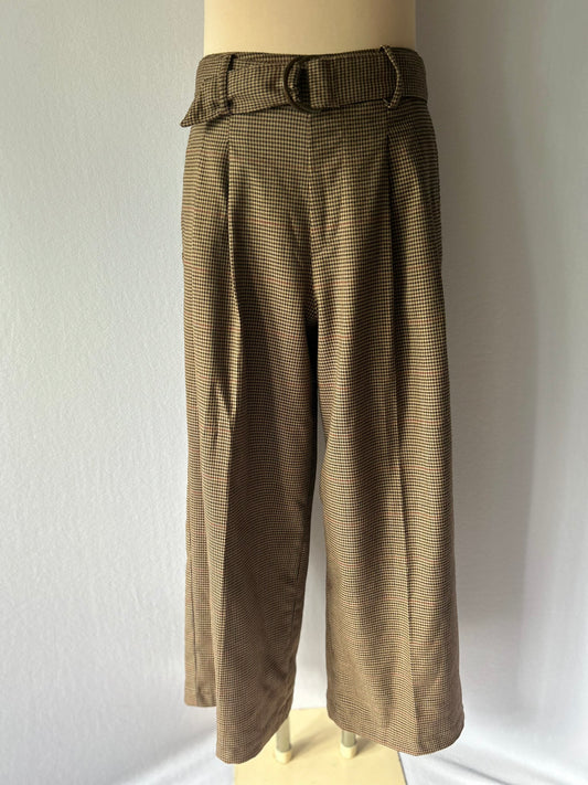 Brown Gingham Check Wide-Leg Belted Trousers - Size M