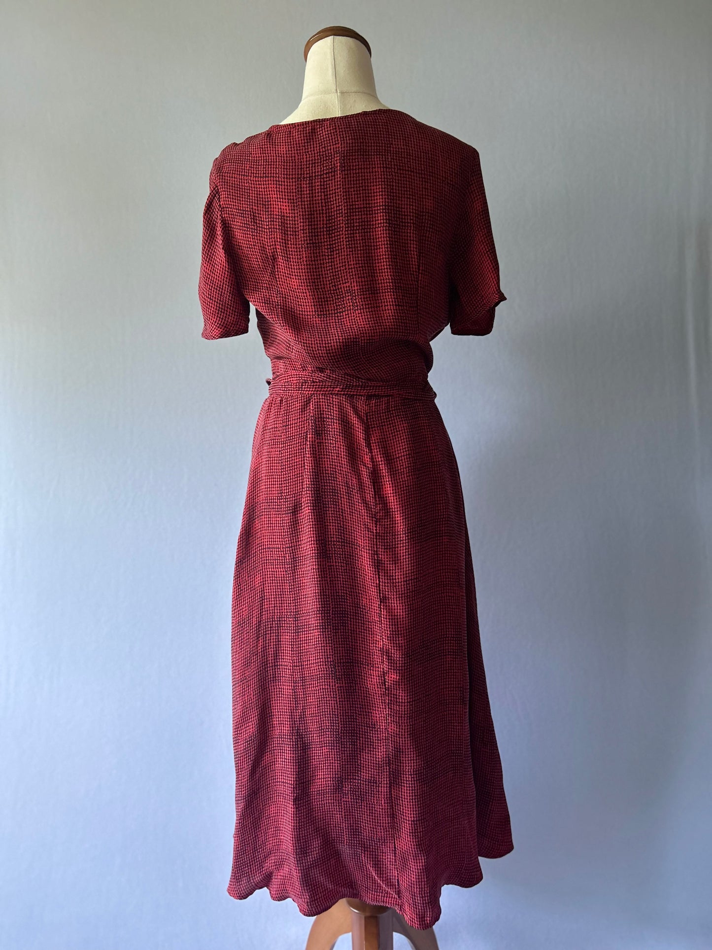 Kookai 100% Cupro Wrap Midi Dress - Textured Red & Black - Size 34