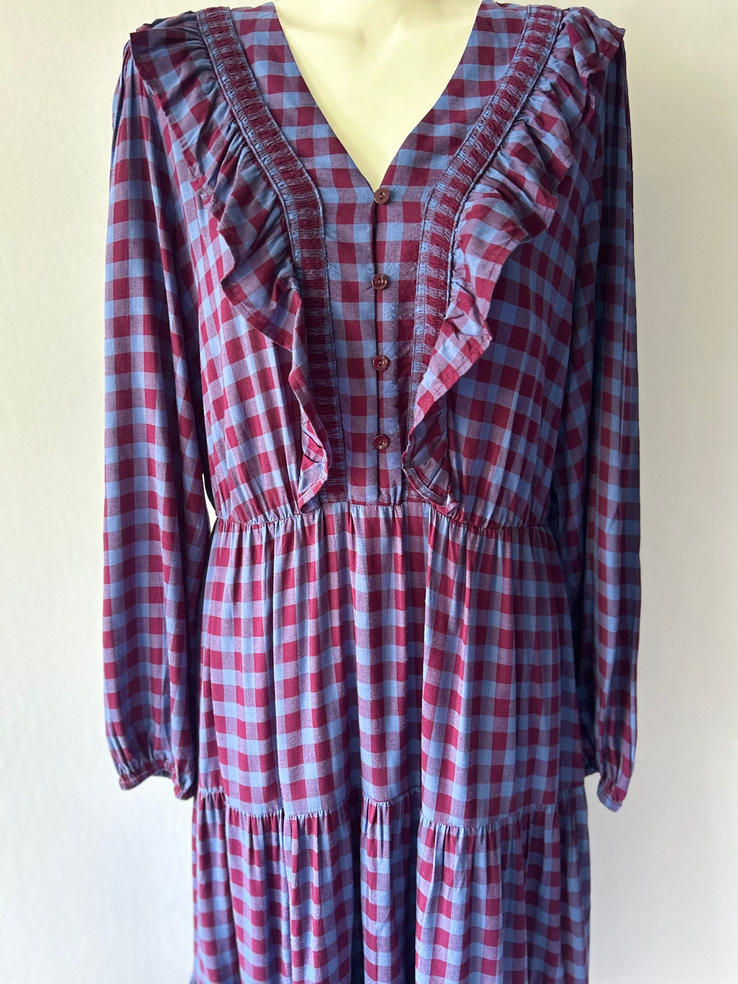 Whistles Ruffled Tiered Check Maxi Dress - Blue & Burgundy - Size 16