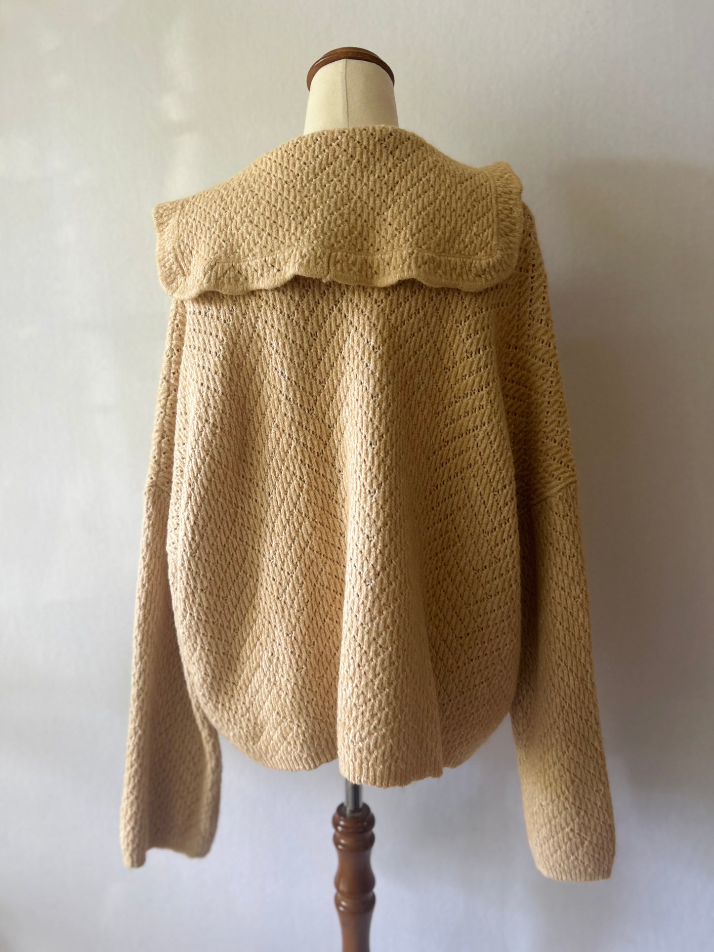 Textured Statement Collar Knit Cardigan - Oatmeal Beige - Size Large