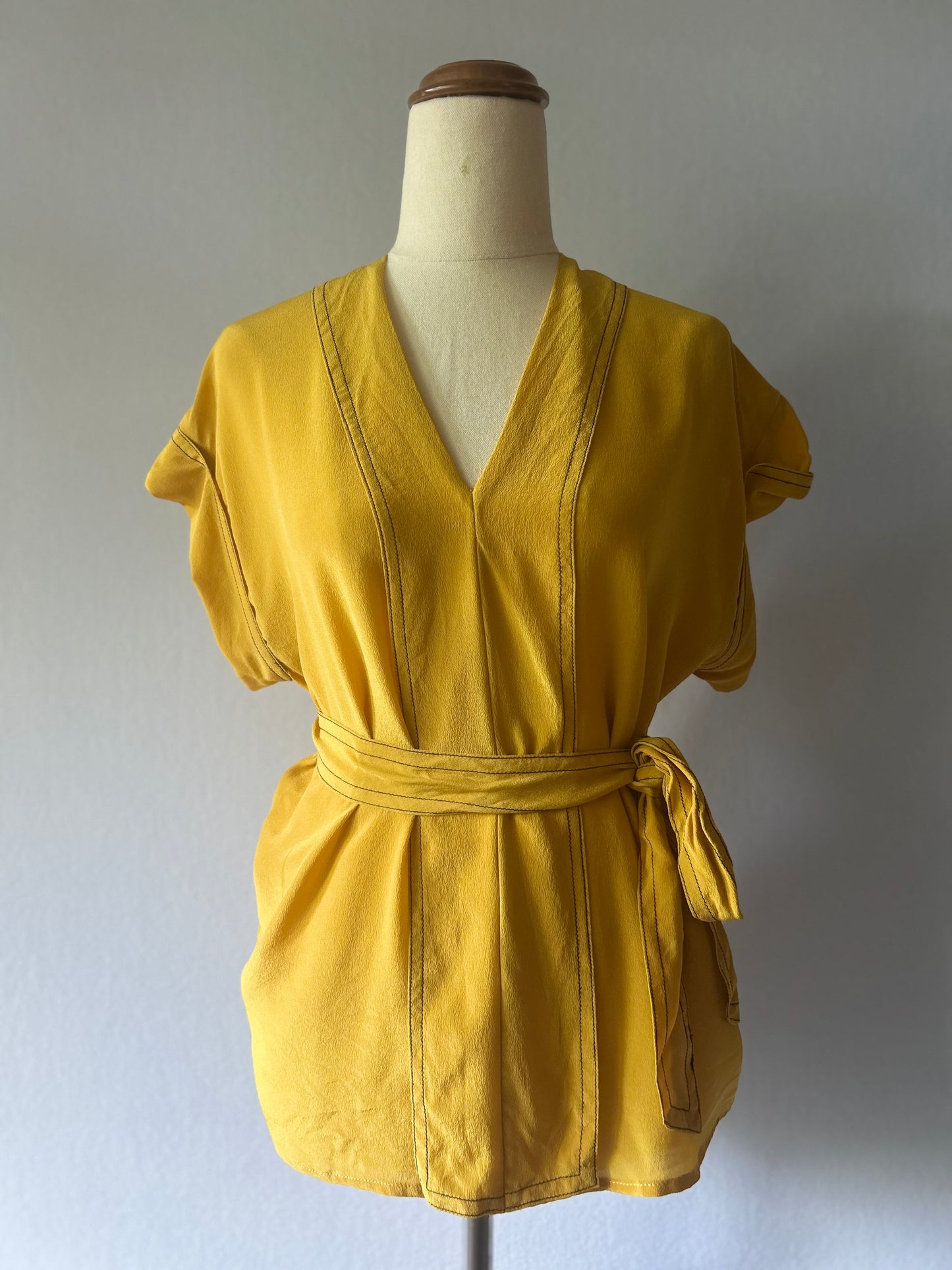 Mustard Yellow Silk Kimono-Style Belted Top - Size L