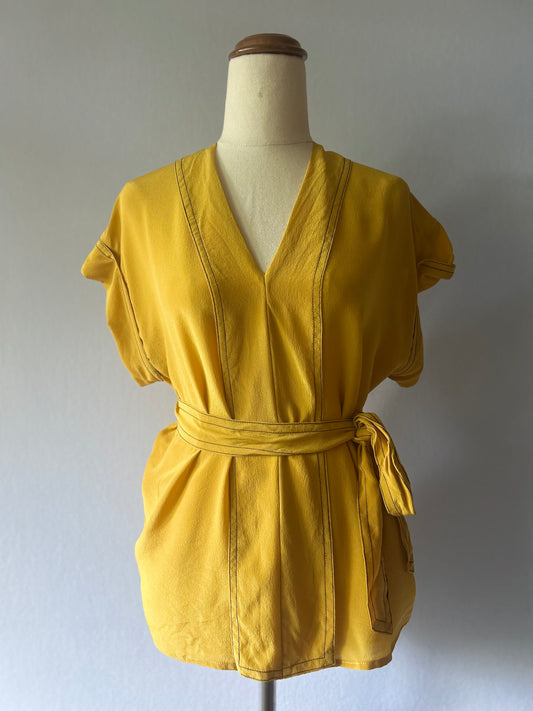 Mustard Yellow Silk Kimono-Style Belted Top - Size L