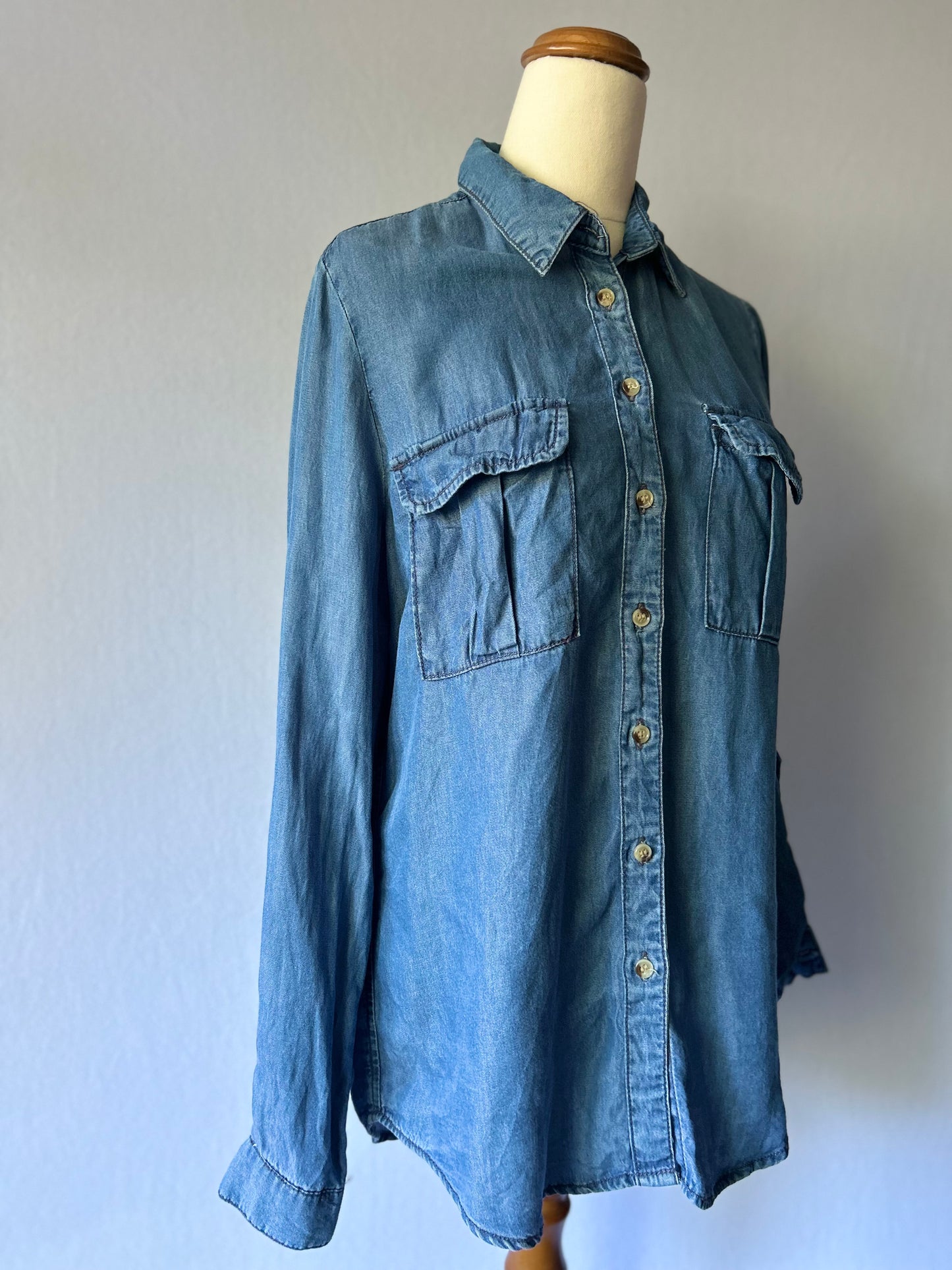 Lyocell Denim-Look Long Sleeve Button-Down Shirt - Size M