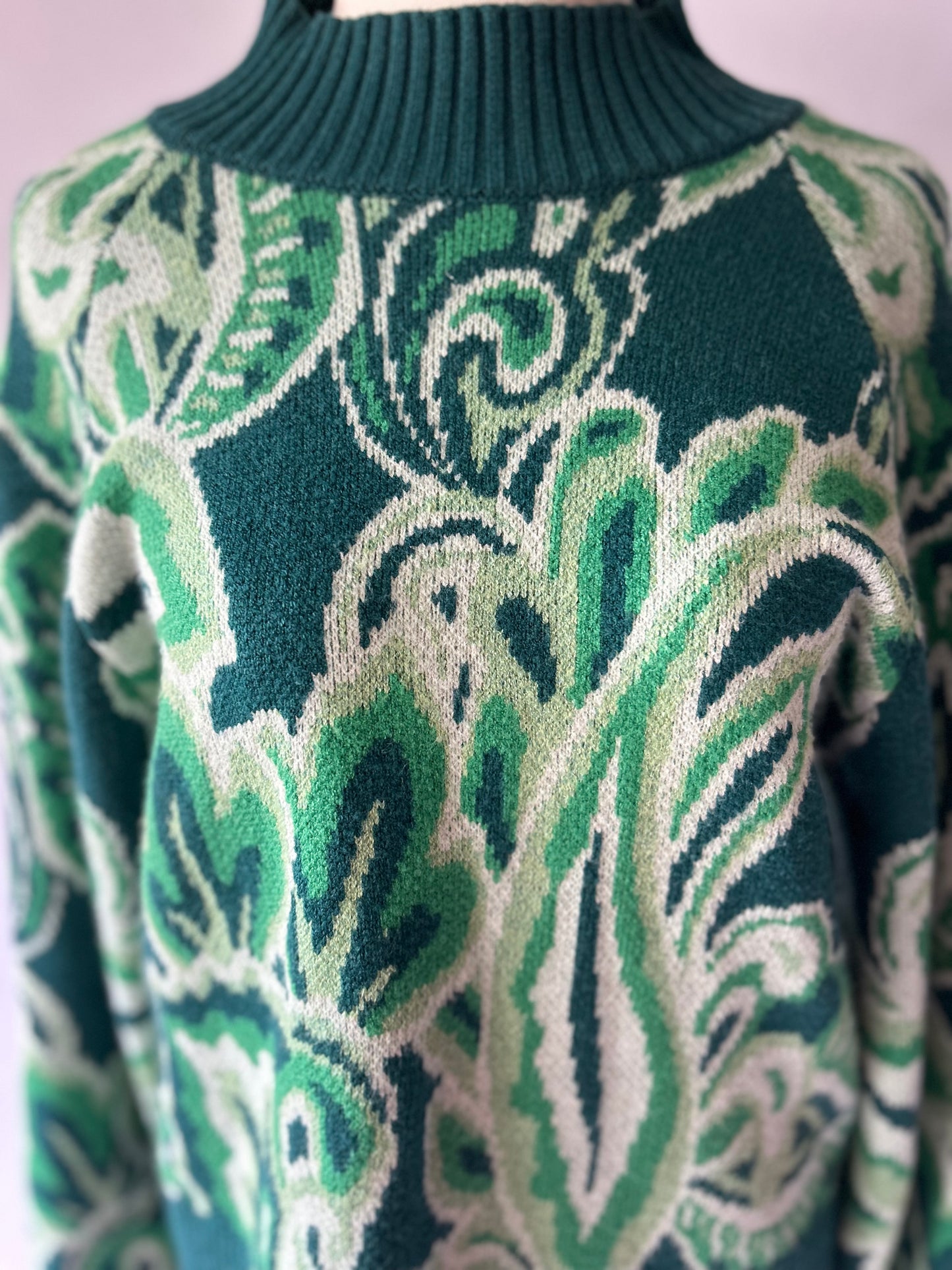 Retro Paisley Jacquard Knit Sweater in Forest Green - Size M