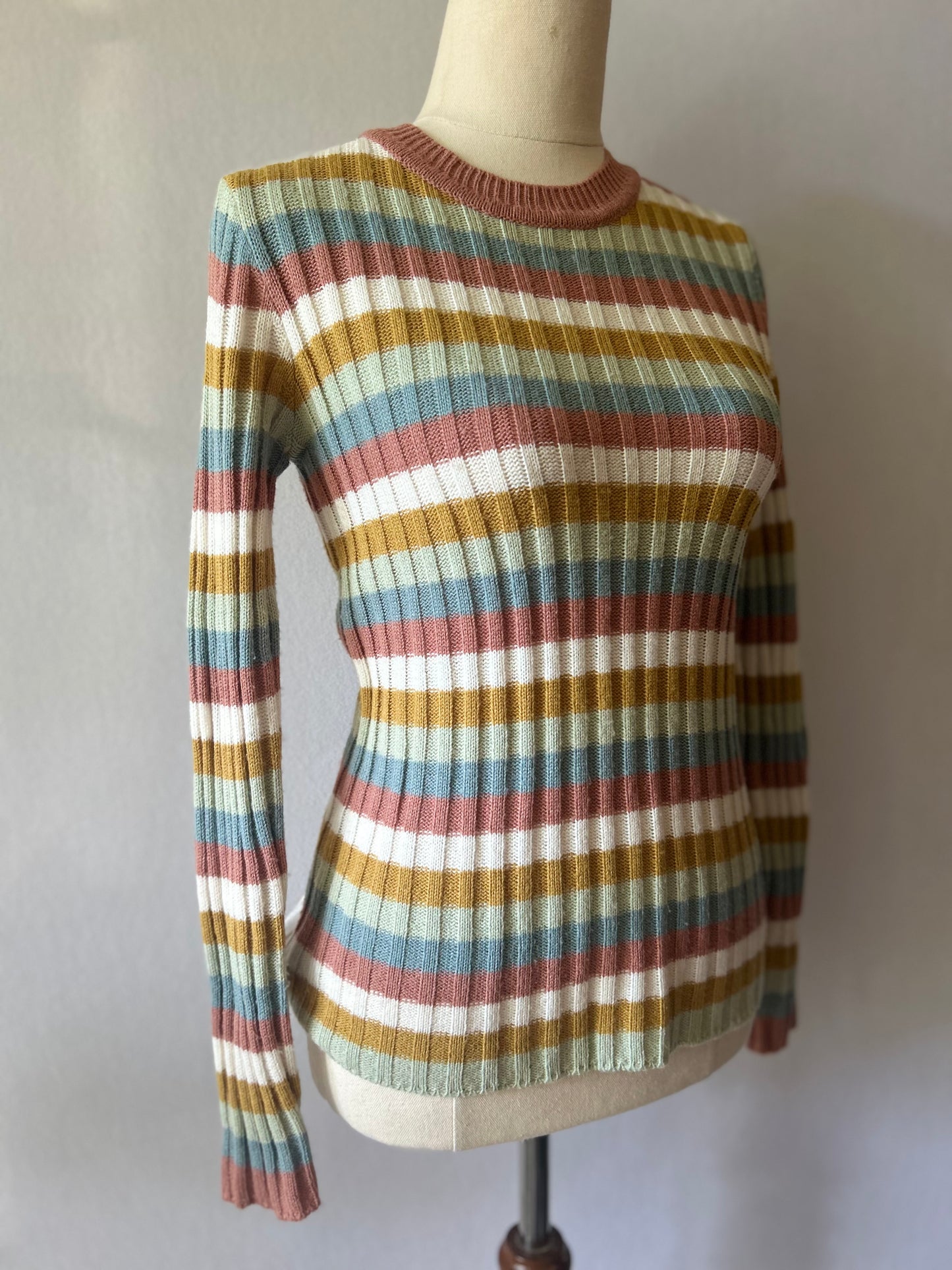 Retro Multi-Striped Ribbed Crewneck Knit Jumper - Size 12