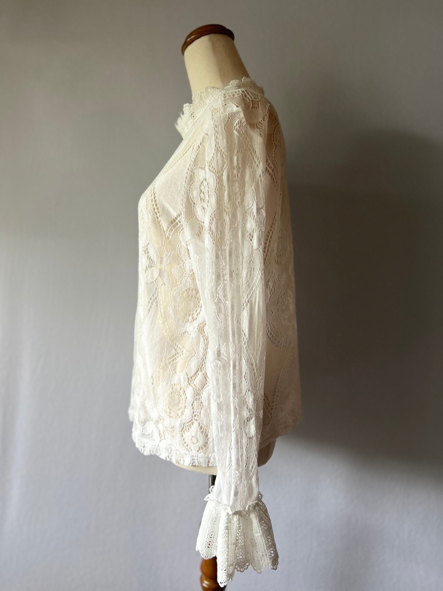 Romantic Sheer Floral Lace Blouse - Ivory White - Size M
