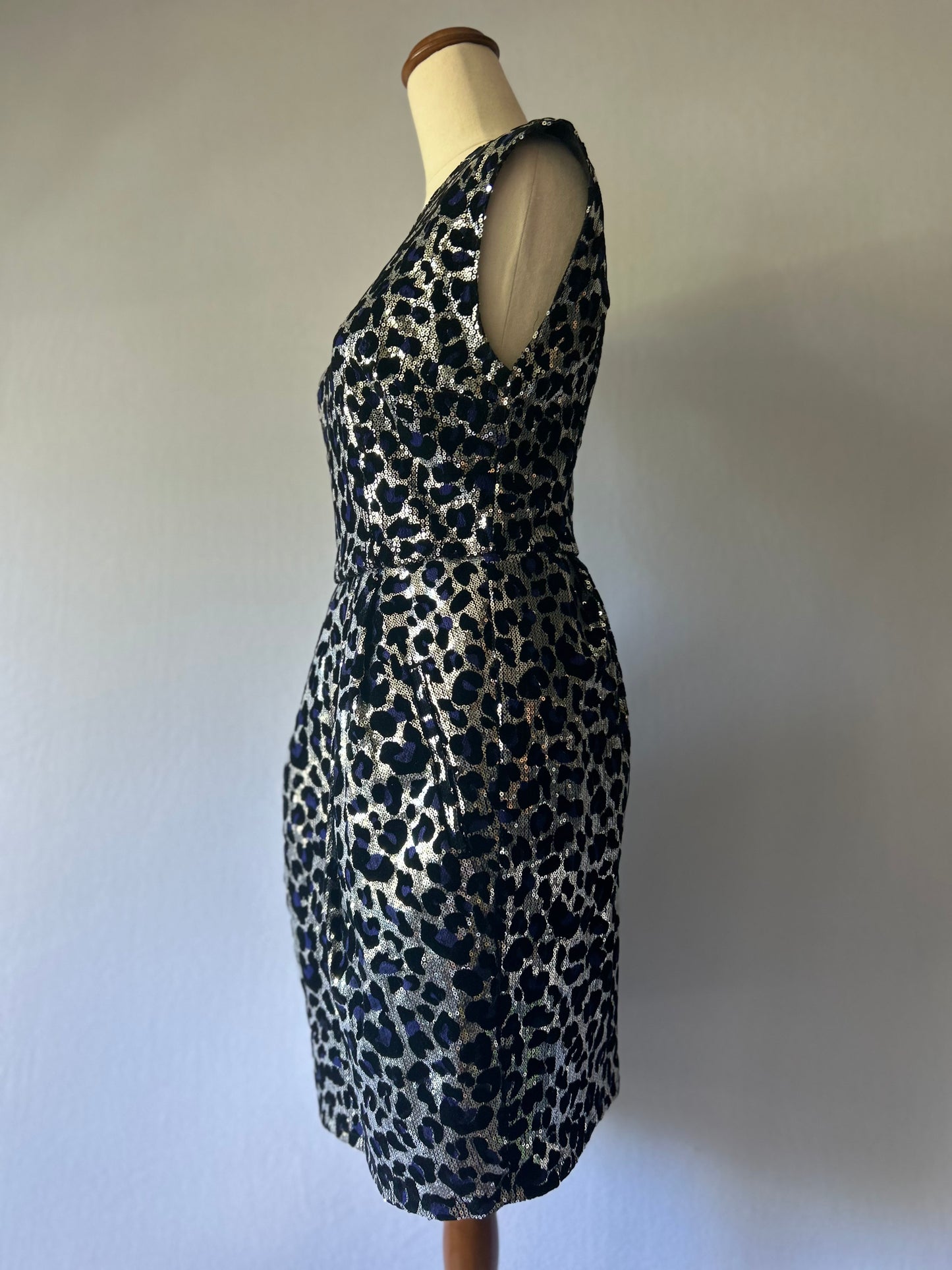 Metallic Leopard Print Dress with Violet Accents – Size UK 8 / EU 36 / US 4