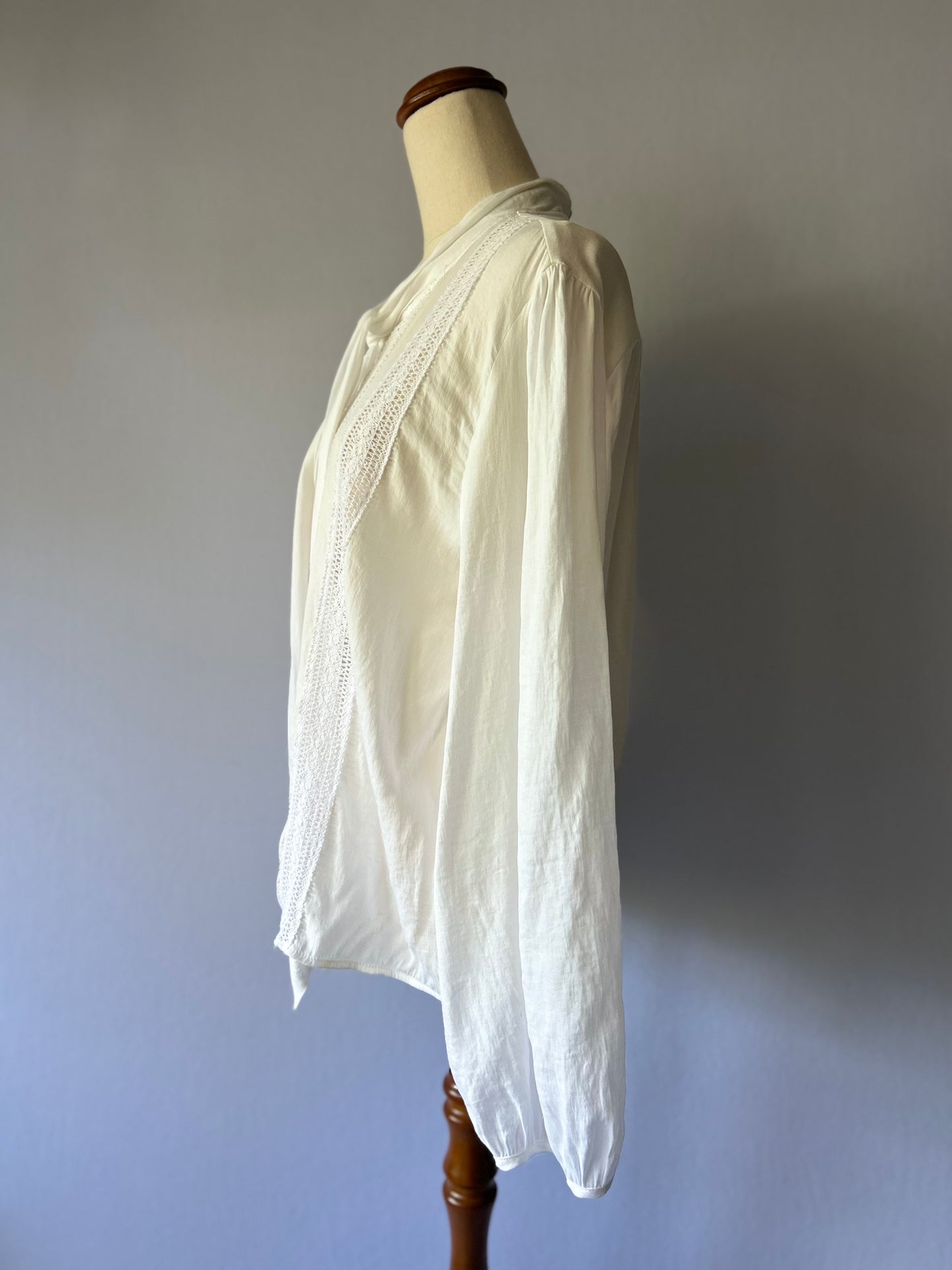 Zara Romantic Lace Insert Tie-Neck Blouse - White - Size L