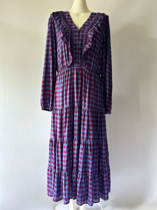 Whistles Ruffled Tiered Check Maxi Dress - Blue & Burgundy - Size 16